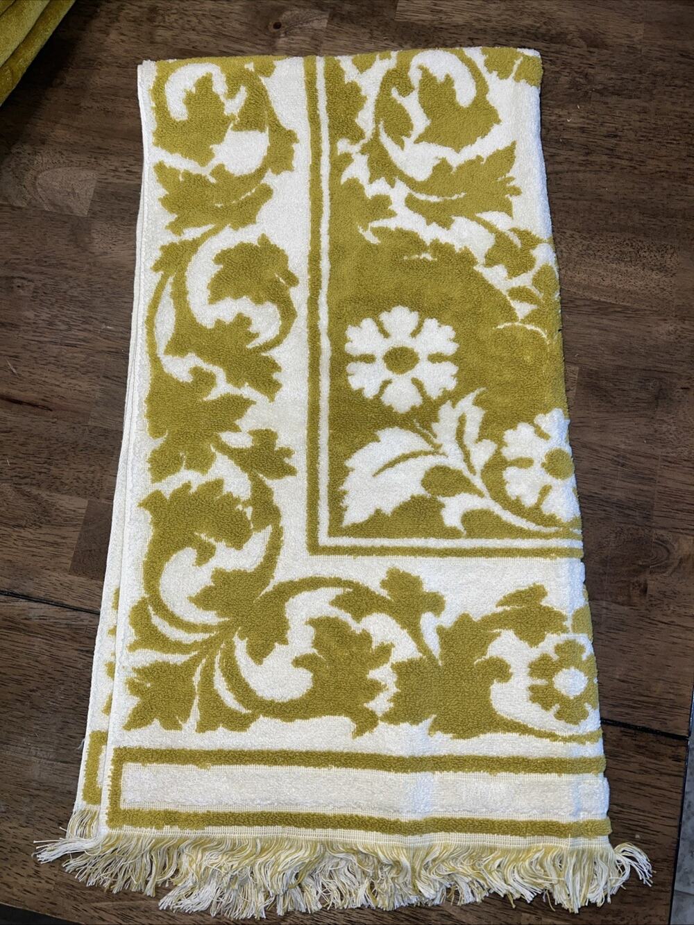 VTG Sears Drylon Bath Towel Piece Set Tawny Gold Flowers Reversed Sculpted